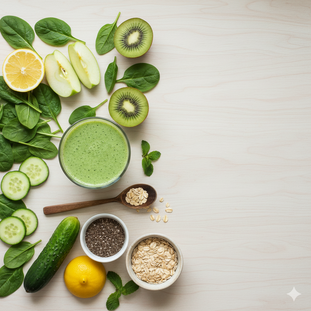 Green smoothie with fresh fruits and leafy greens on a wooden table