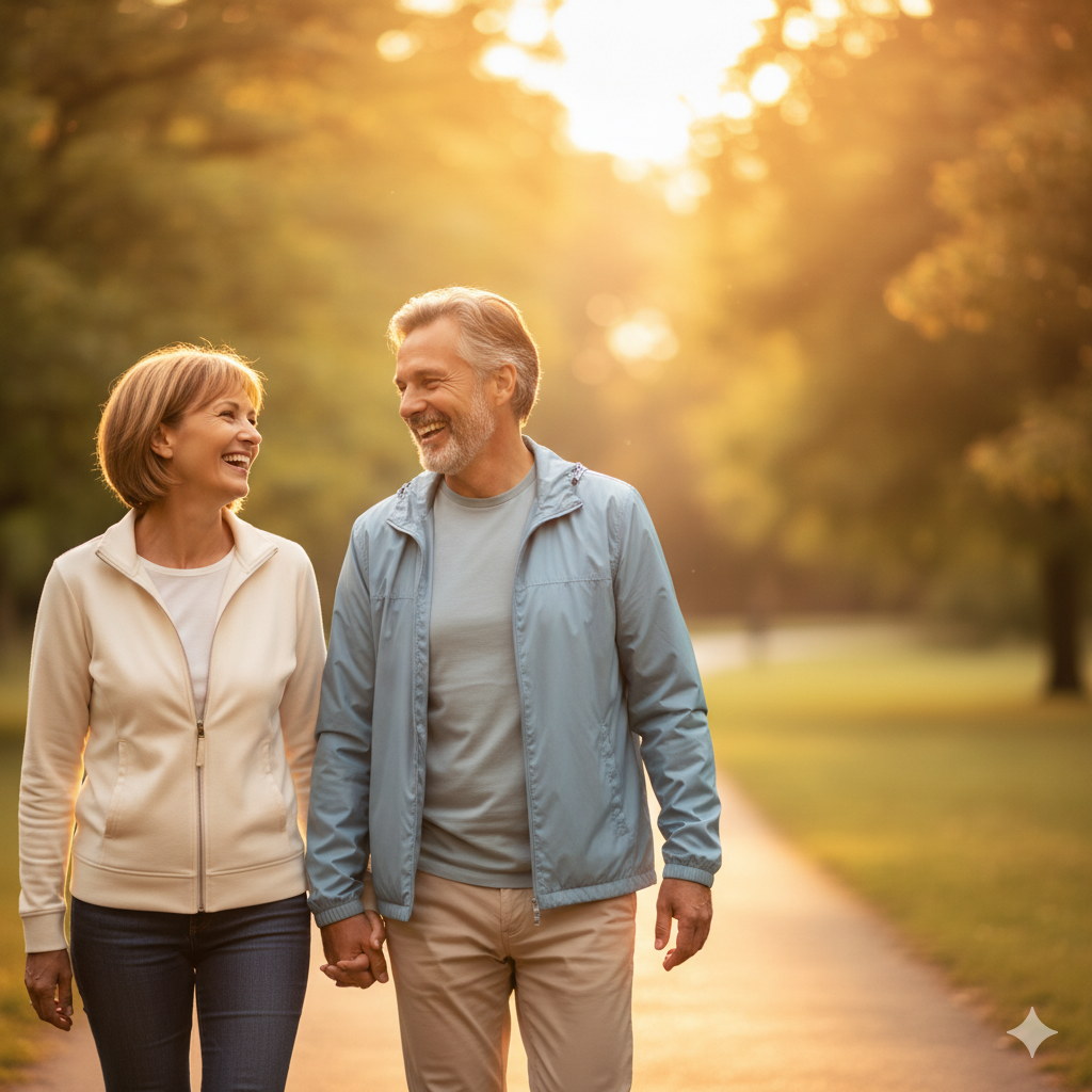 Happy mature couple walking outdoors at golden hour, smiling