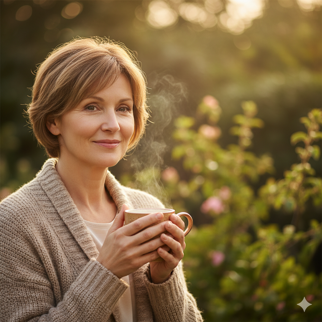 Relaxed middle-aged woman enjoying tea outdoors in soft morning light